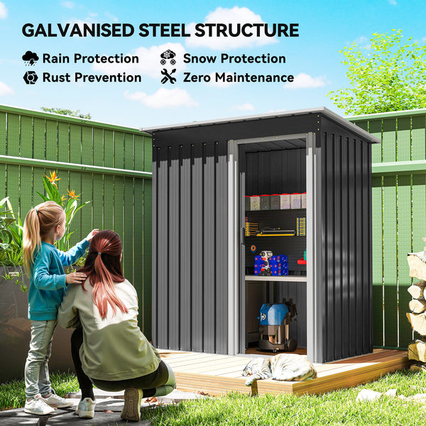 Abri de jardin avec porte coulissante et toit incliné, structure en acier, noir
