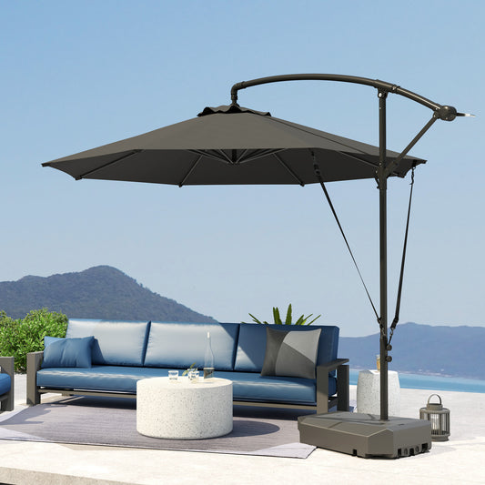 Outsunny 10FT Cantilever Umbrella with Fillable Base, Wind Strap and Cover, Offset Hanging Umbrella with Crank, UPF50+, Gray |