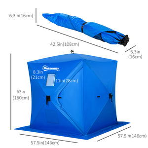 Ice fishing shelter for 2 people, foldable and collapsible, with carry bag, blue