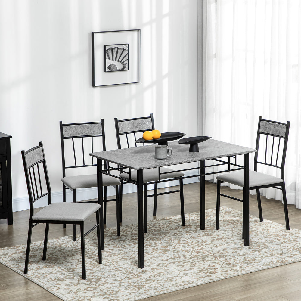 5-Piece Dining Set for 4, with Marble-Effect Top, Upholstered Chairs and Grey Metal Frame.