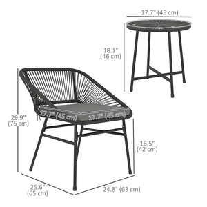 Ensemble bistro 3 pièces en résine tressée avec table à plateau en verre, noir