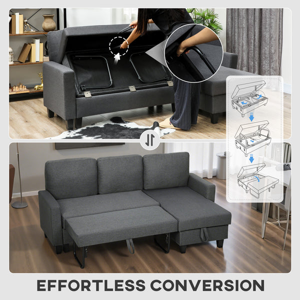 Canapé-lit en forme de L avec lit gigogne, méridienne réversible avec rangement, assise large et profonde, gris anthracite