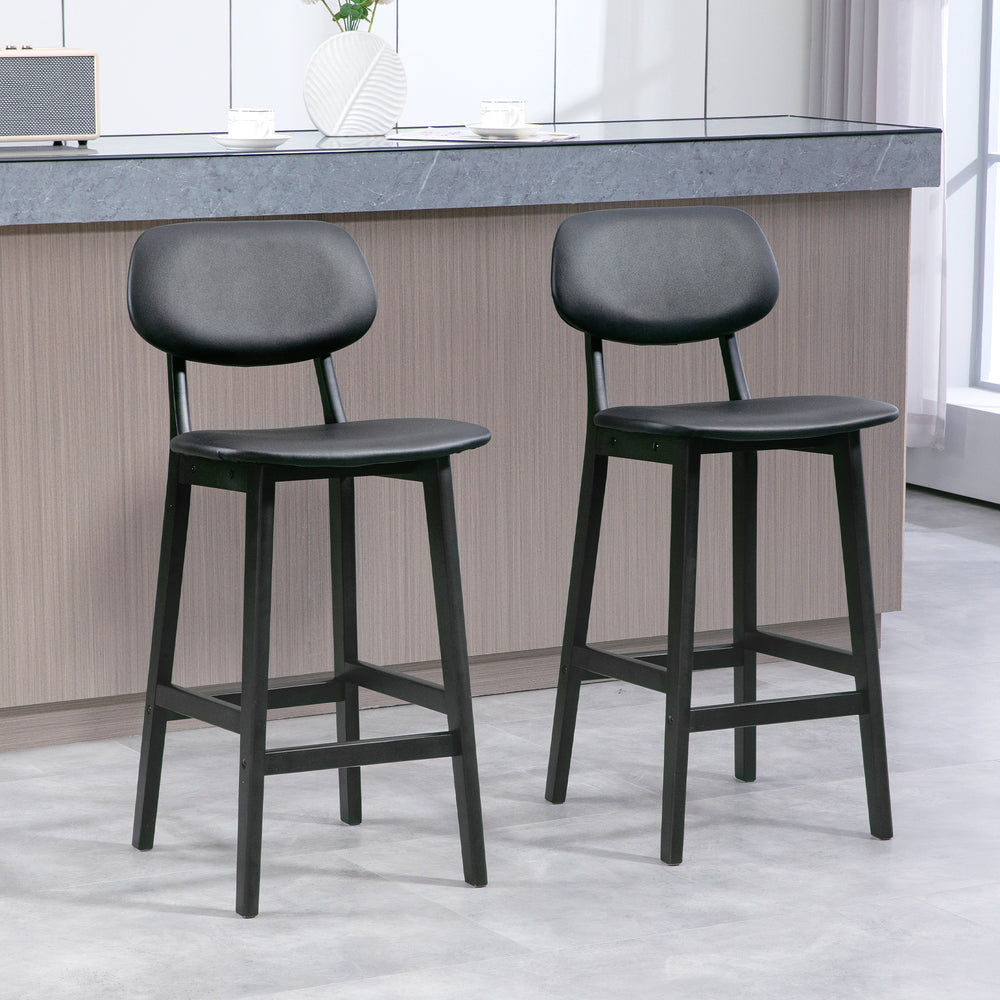 Set of 2 faux leather bar stools with solid wood legs, black