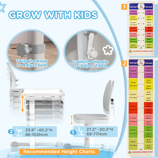 Height-adjustable desk and chair set with tilting top, gray