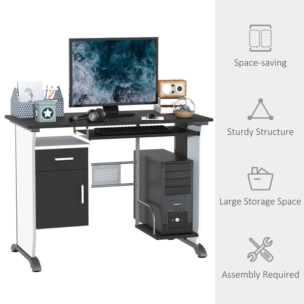 Bureau d'ordinateur avec plateau pour clavier et support pour unité centrale, noir et blanc