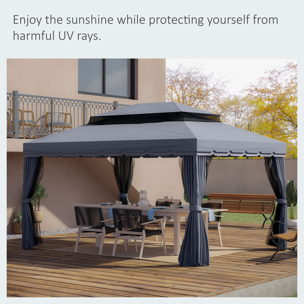 13' x 10' Patio Gazebo, Double Roof Outdoor Gazebo Canopy Shelter with Netting &amp; Curtains, Strong Aluminum Frame, Dark Gray
