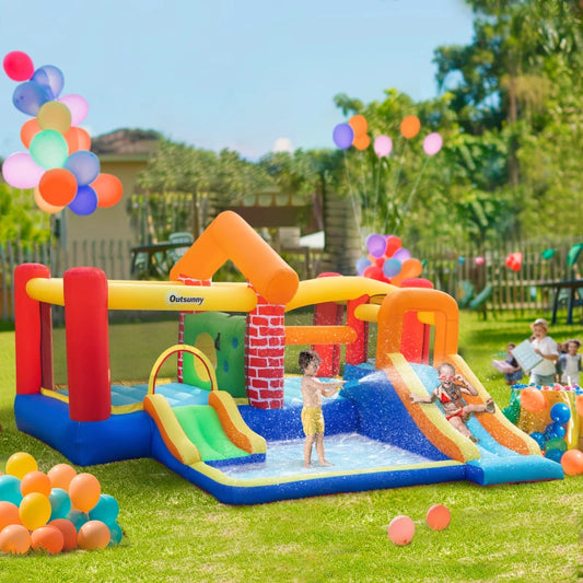 Outsunny 4 en 1 Maison gonflable pour enfants Thème château Extra large Double toboggans et trampoline Design Mur d'escalade de piscine gonflable avec sac de transport Souffleur d'air