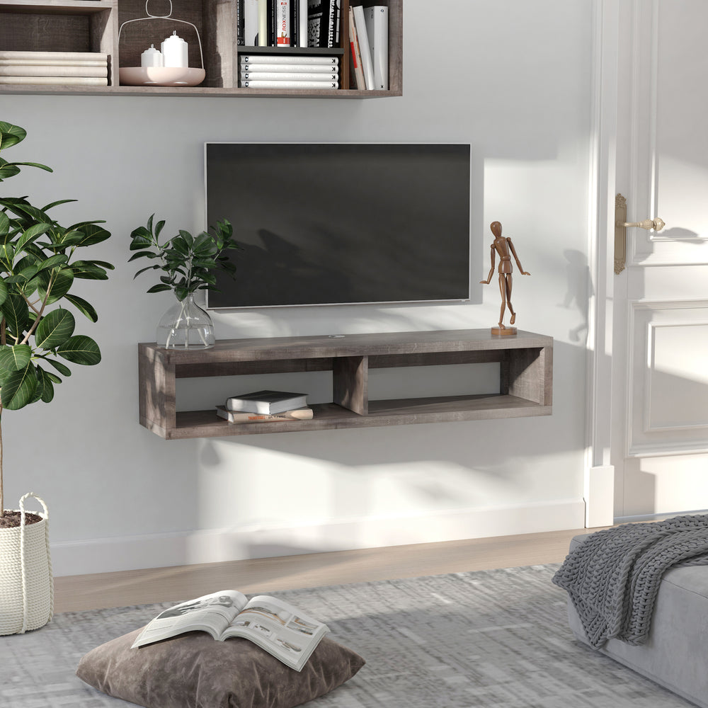 Meuble TV flottant pour téléviseurs 50" avec étagère, grain de bois gris foncé