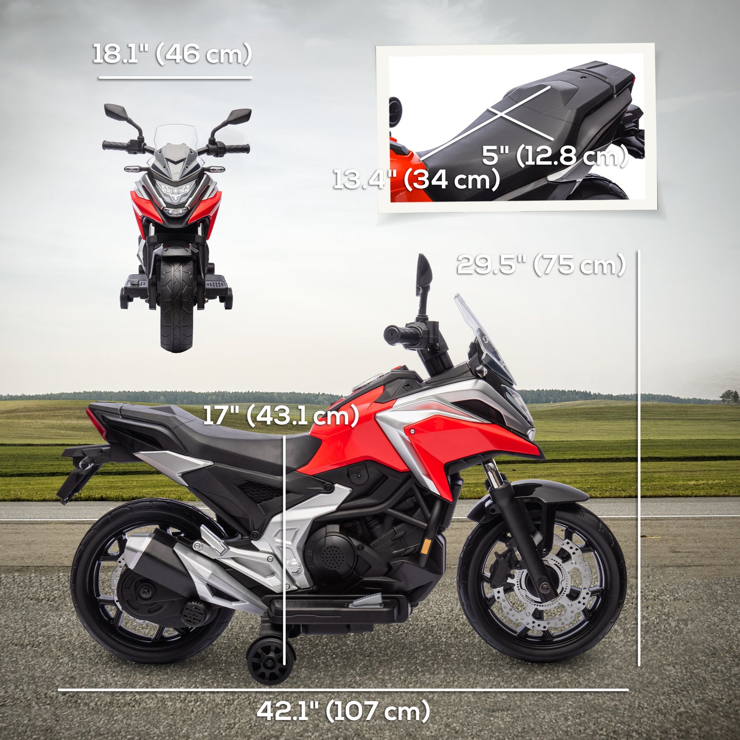 Moto 12 V pour enfants Honda, homologuée, avec phares et roues d'entraînement musicales, pour 3 à 6 ans, rouge