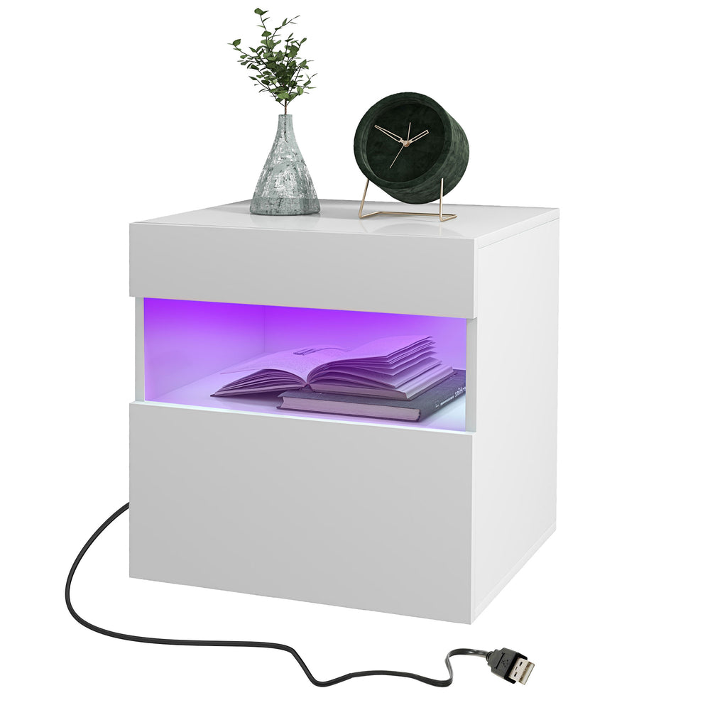 Table de chevet avec éclairage LED, tiroir et étagère ouverte