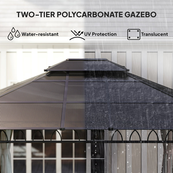 Gazebo 10' x 12' à double toit rigide avec toit en polycarbonate, structure en acier, moustiquaires et rideaux