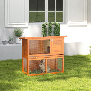 Wooden rabbit hutch with run, pull-out tray, and waterproof roof