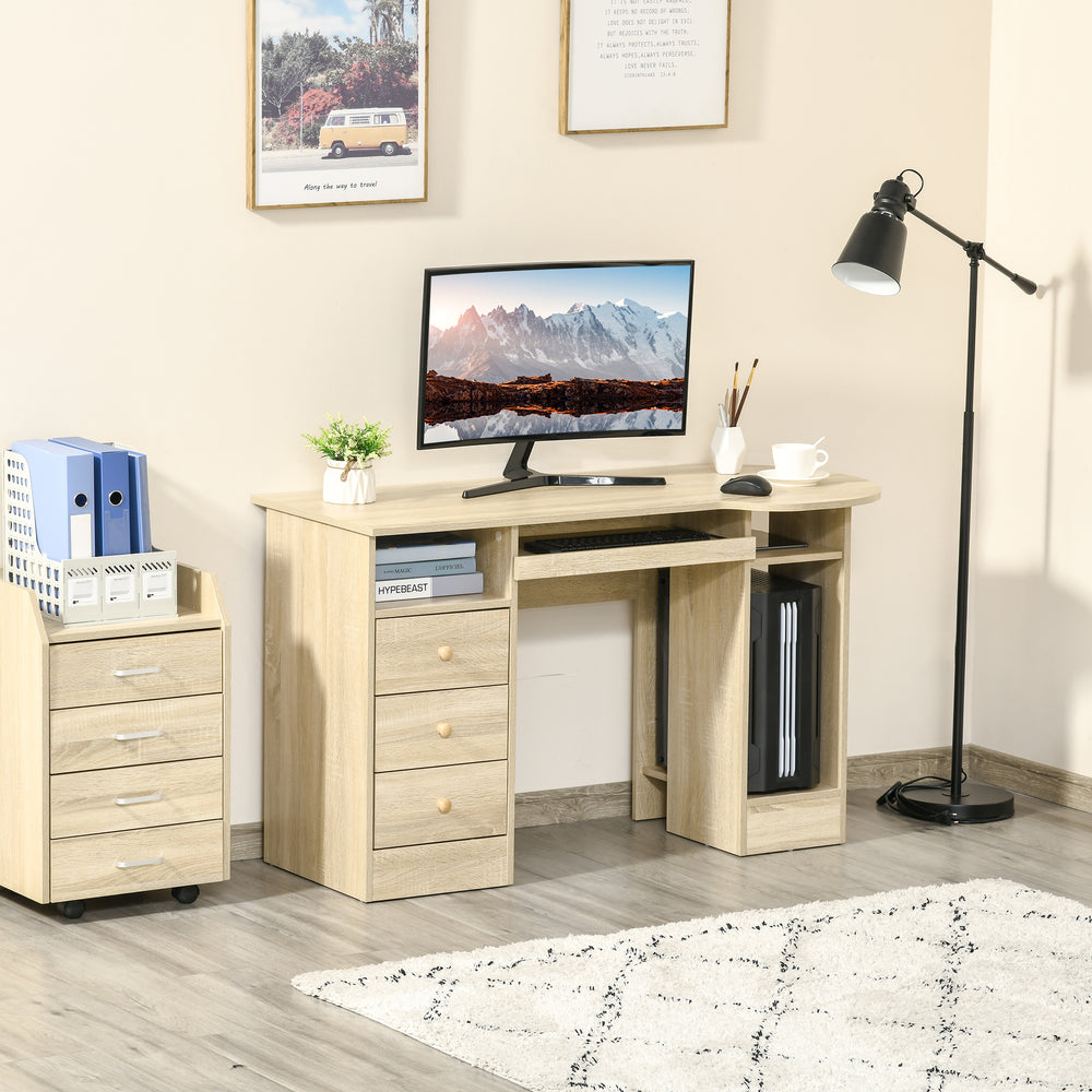 Bureau d'ordinateur avec rangement, étagères et tiroirs, bois naturel