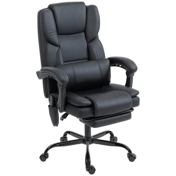 Office chair with massage function in faux leather with lumbar support and footrest, black