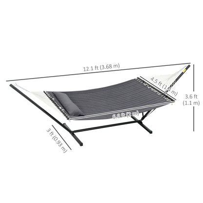 Hamac Outsunny pour 2 personnes, matelassé, double, avec support, oreiller et barres d'écartement, pour camping en plein air, plage, gris foncé