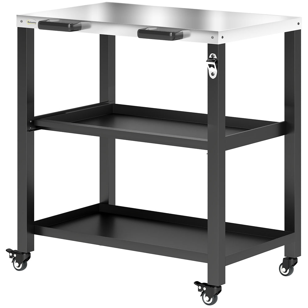 Chariot de cuisine extérieur avec plateau en acier inoxydable, 2 étagères avec roues verrouillables
