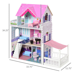 Maison de poupée en bois pour enfants de 2,9 pieds avec meubles, rose