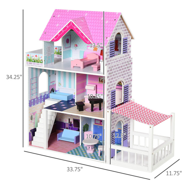 Maison de poupée en bois pour enfants de 2,9 pieds avec meubles, rose