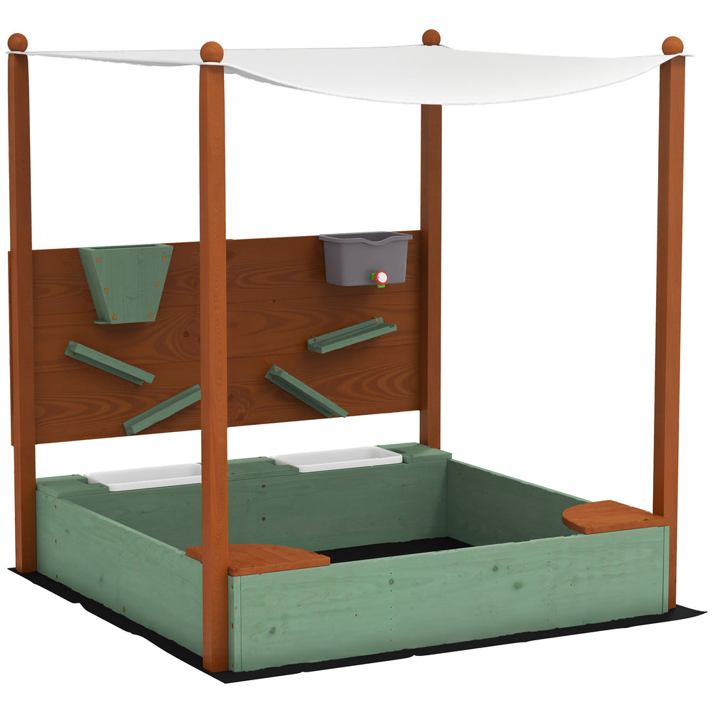 Bac à sable en bois pour enfants avec auvent vert – protection solaire et espace de jeu extérieur