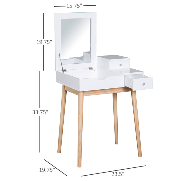 Coiffeuse avec miroir rabattable et 2 tiroirs, blanche