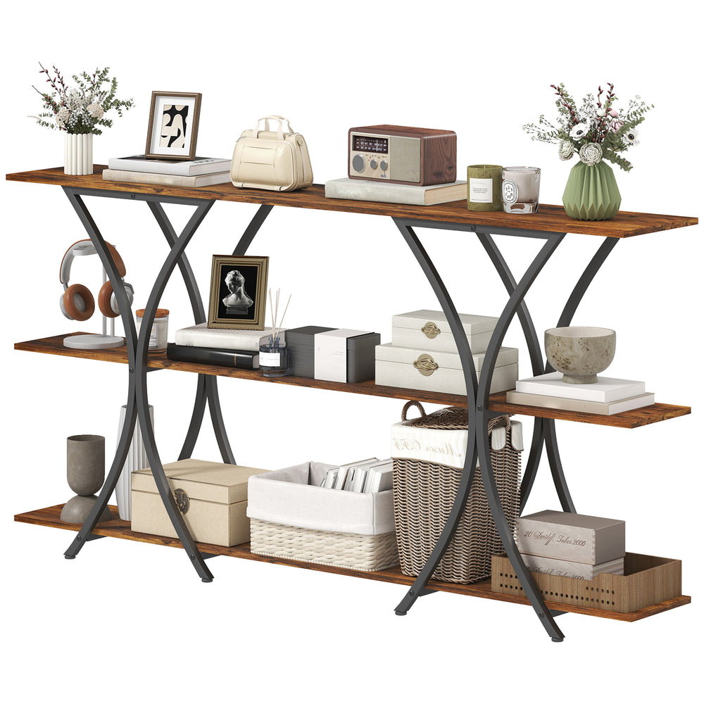 Industrial 3-tier entryway console with 2 storage shelves for living room or hallway, rustic brown