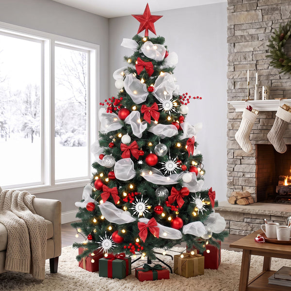 6ft Prelit Christmas Tree Spruce, Remote, Hinged, Artificial Xmas Tree with 8 Modes, 800 Tips, 200 LEDs, Green Red