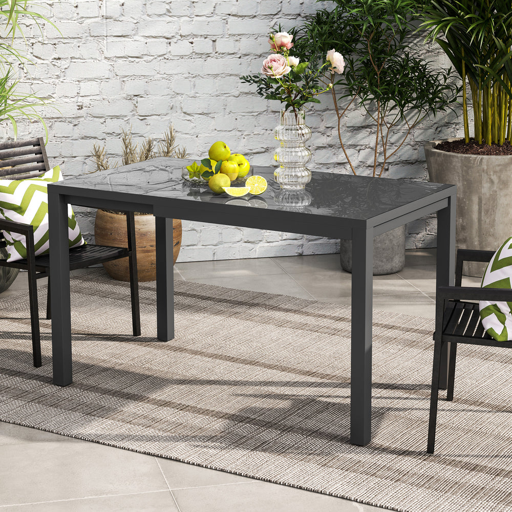 Extendable Patio Dining Table, 33.5"-49.2" Adjustable Outdoor Dining Table for 4-6 Person, with Tempered Glass Top, Metal Frame, for Lawn, Garden, Dark Grey