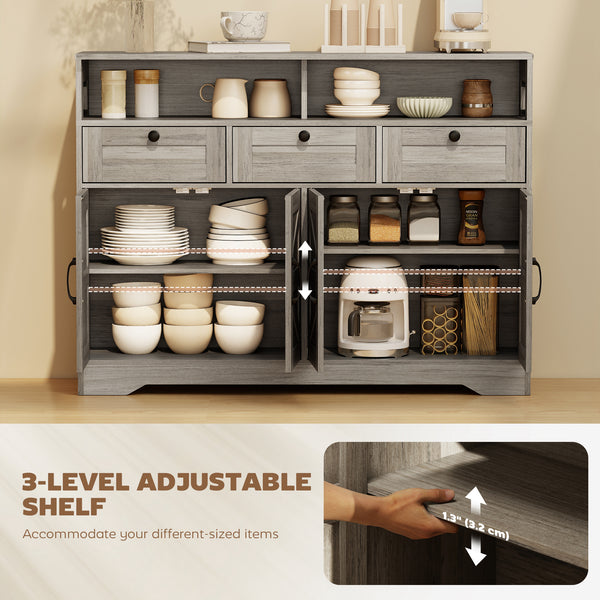 Buffet avec 4 portes coulissantes de style grange et 3 tiroirs, meuble bar à café avec étagères réglables, gris