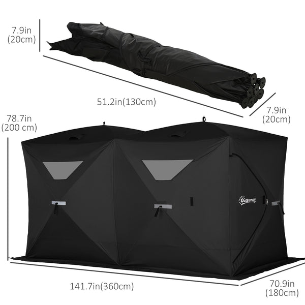 Portable ice fishing shelter for 5 to 8 people, black.