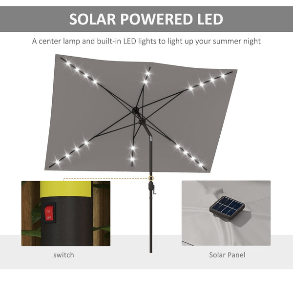 Parasol de 9,7 pieds en aluminium avec éclairage LED solaire et manivelle, gris clair
