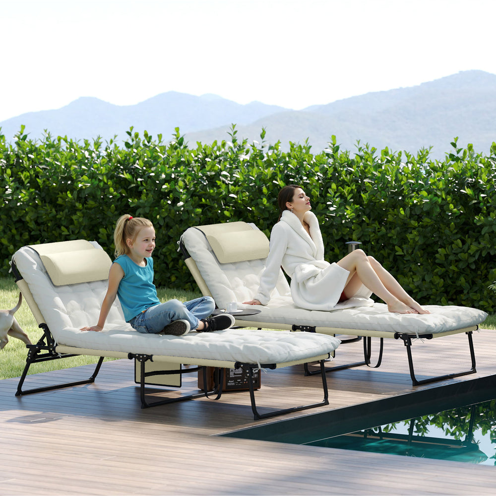 2-Piece Folding Lounge Chairs with Adjustable Backrest, Tanning Chair with Cushion, Side Pocket, Headrest, Beige