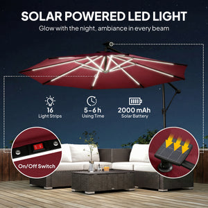 Parasol déporté de 3 m avec éclairage solaire avec rotation à 360°, inclinaison et housse de protection, rouge bordeaux