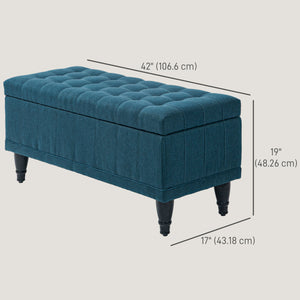 Pouf de rangement en tissu lin avec capitonnage à boutons, bleu
