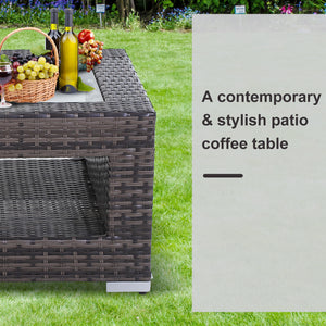 2-Tier Rattan Patio Coffee Table Outdoor Side Table PE Wicker Patio Garden Tea End Desk with Tempered Glass Top & Storage for Balcony, Backyard, Poolside