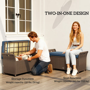 Banc de rangement extérieur 2 en 1 en osier avec poignées et coussin, bleu marine