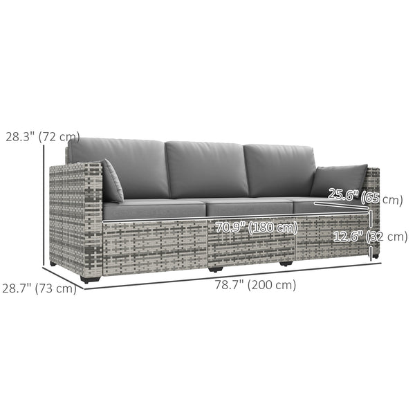 Canapé d'extérieur 3 places en rotin synthétique avec coussins, gris
