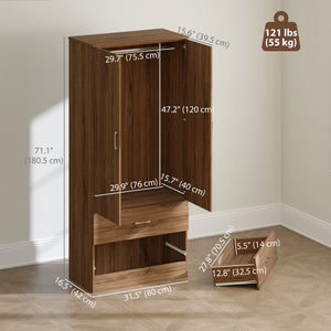 Armoire penderie avec tringle de suspension et 2 portes avec 2 tiroirs, noyer