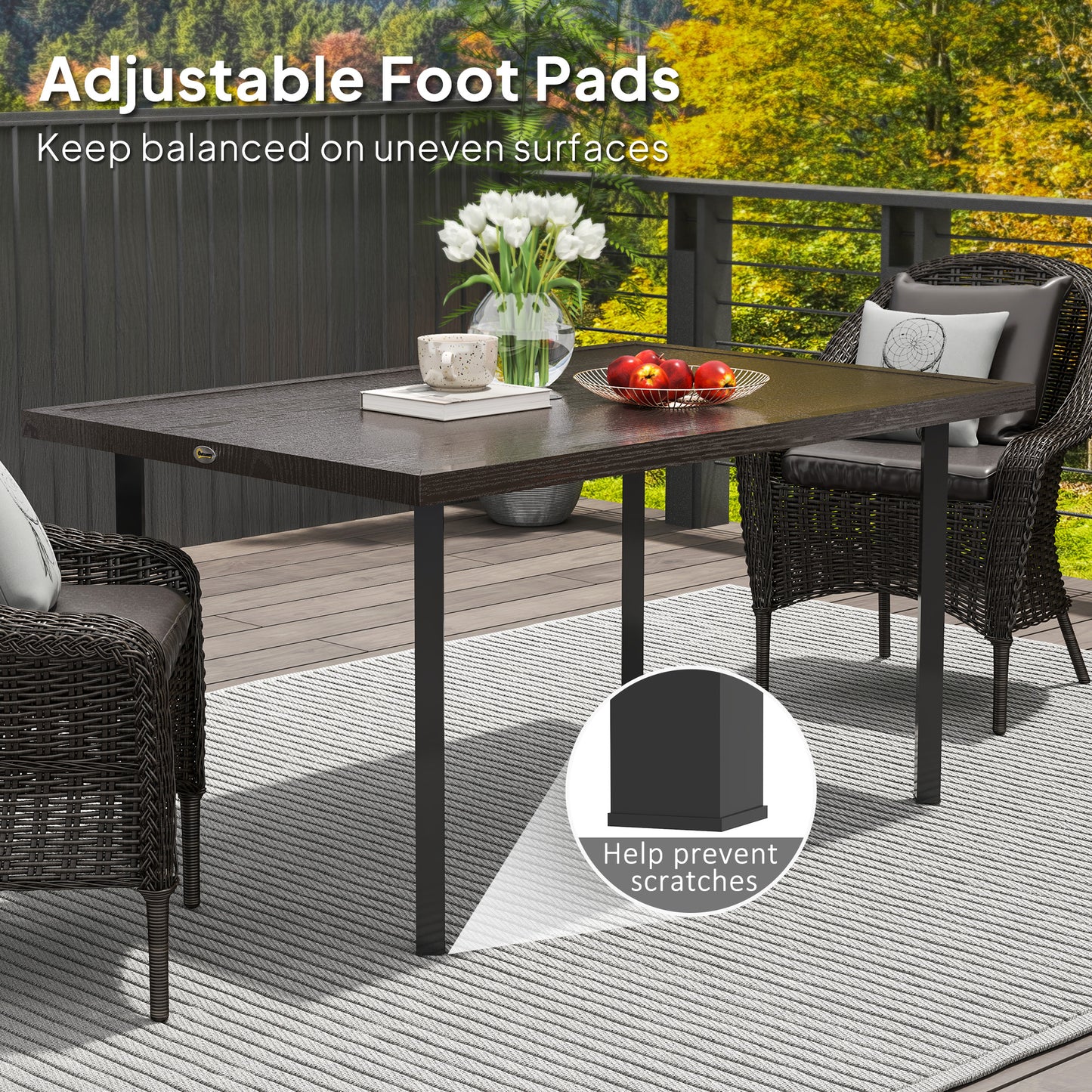 Outsunny Outdoor Dining Table with 5.3cm Umbrella Hole, Steel Patio Table for 6 People, Dark Brown