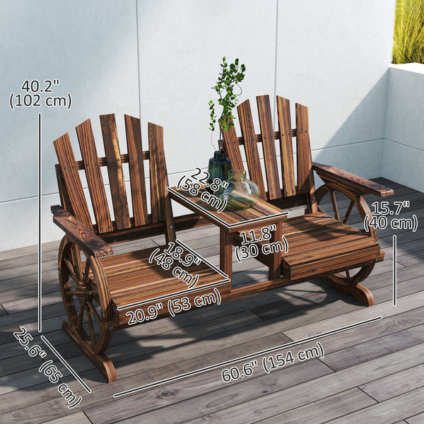 Two-seater outdoor wooden bench in the shape of a wagon wheel