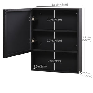 Armoire à miroir murale avec porte simple, étagères de rangement et cadre en acier inoxydable, noire