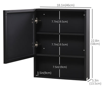 Armoire à miroir murale avec porte simple, étagères de rangement et cadre en acier inoxydable, noire