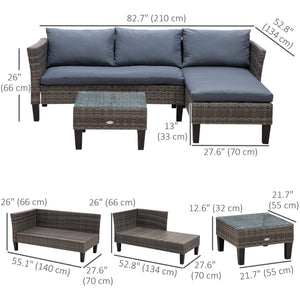 Ensemble de mobilier 3 pièces en résine tressée, table avec plateau en verre, gris
