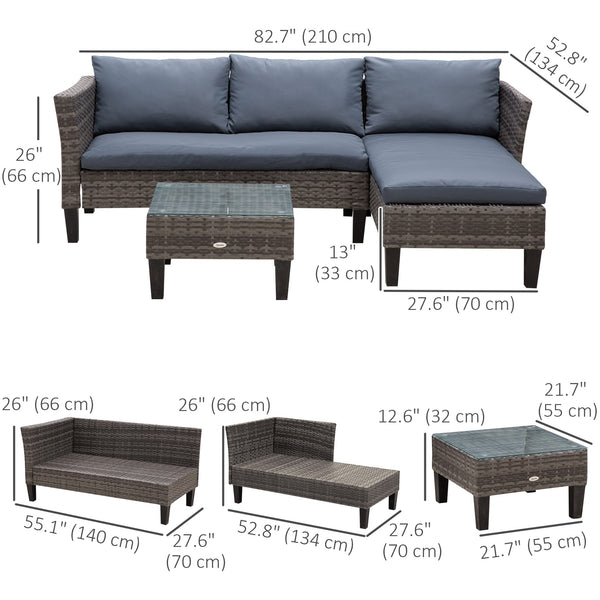 Ensemble de mobilier 3 pièces en résine tressée, table avec plateau en verre, gris