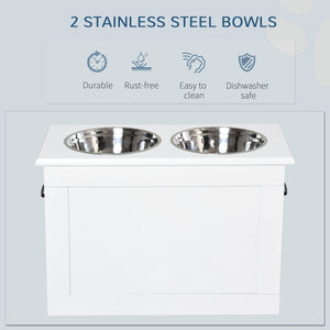 Raised bowls with storage, 2 stainless steel bowls, white
