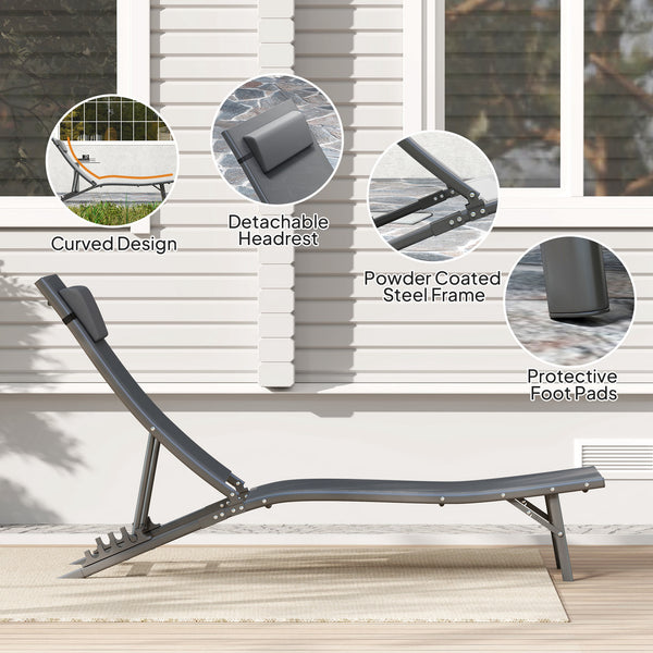 Lot de 2 chaises longues pliantes d'extérieur avec dossier réglable, appui-tête et assise en maille pour la plage et la piscine, gris
