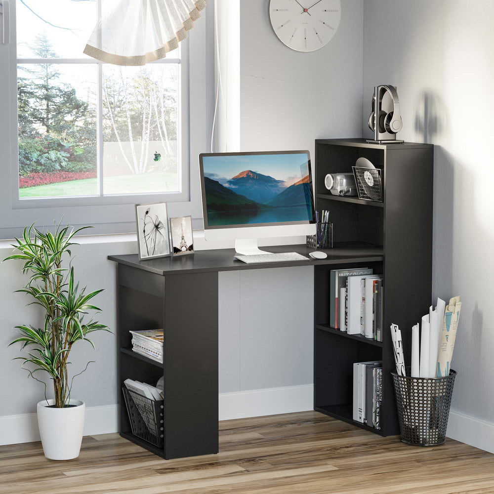 Bureau d'ordinateur moderne avec étagères de rangement et table d'écriture, noir