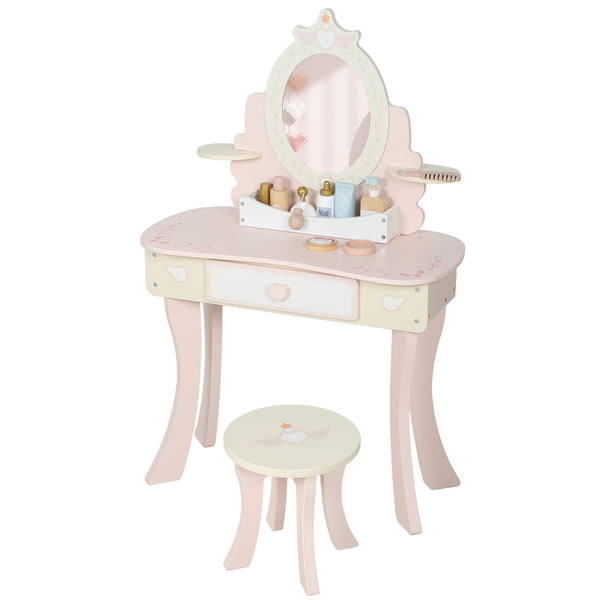 Coiffeuse avec miroir, tabouret et 7 accessoires, rose