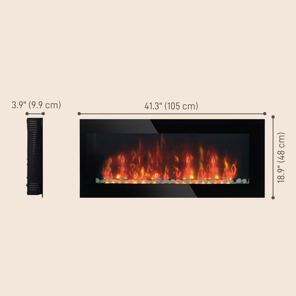 Cheminée murale moderne de 41 pouces avec effet de flamme LED breveté et 7 couleurs, noir
