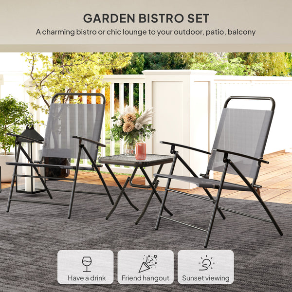 Ensemble bistro pliant avec chaises à dossier réglable et table à plateau en verre, gris