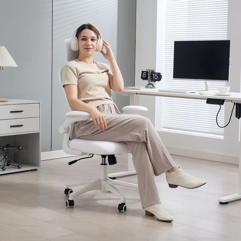 Chaise de bureau en maille avec appui-tête réglable, soutien lombaire 4D, accoudoirs relevables, blanche